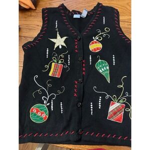 holiday editions black sweater button  with embroidered ornaments 2xl sleeveless